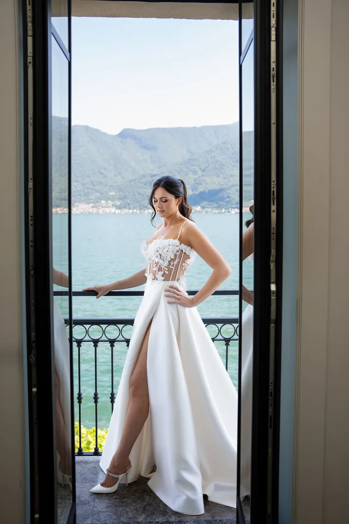 como lake wedding bride on balcony